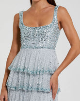 Blue Embellished Net Tiered Ruffle Scoop Neck Dress